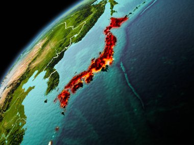 Dünya yörüngesi görünür kenarlık çizgisi ve şehir ışıkları ile akşam geç görüldüğü gibi Japonya Illustration. 3D çizim. Nasa tarafından döşenmiş bu görüntü unsurları.
