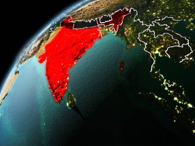 Dünya yörüngesi görünür kenarlık çizgisi ve şehir ışıkları ile akşam geç görüldüğü gibi Hindistan Illustration. 3D çizim. Nasa tarafından döşenmiş bu görüntü unsurları.