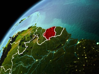 Dünya yörüngesi görünür kenarlık çizgisi ve şehir ışıkları ile akşam geç görülen Surinam Illustration. 3D çizim. Nasa tarafından döşenmiş bu görüntü unsurları.