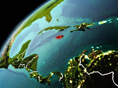 Dünya yörüngesi görünür kenarlık çizgisi ve şehir ışıkları ile akşam geç görülen Jamaika Illustration. 3D çizim. Nasa tarafından döşenmiş bu görüntü unsurları.