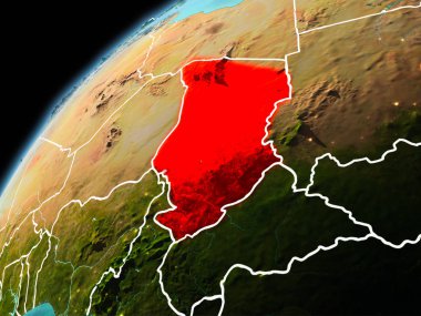 Dünya yörüngesi görünür kenarlık çizgisi ve şehir ışıkları ile akşam geç görüldüğü gibi Chad Illustration. 3D çizim. Nasa tarafından döşenmiş bu görüntü unsurları.