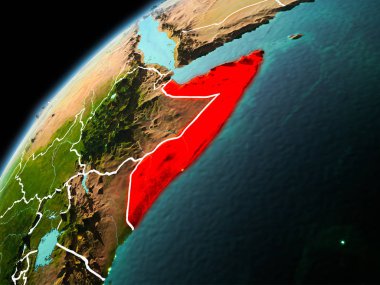 Dünya yörüngesi görünür kenarlık çizgisi ve şehir ışıkları ile akşam geç görüldüğü gibi Somali Illustration. 3D çizim. Nasa tarafından döşenmiş bu görüntü unsurları.