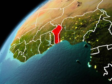 Dünya yörüngesi görünür kenarlık çizgisi ve şehir ışıkları ile akşam geç görülen Benin Illustration. 3D çizim. Nasa tarafından döşenmiş bu görüntü unsurları.