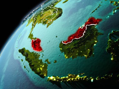 Dünya yörüngesi görünür kenarlık çizgisi ve şehir ışıkları ile akşam geç görüldüğü gibi Malezya Illustration. 3D çizim. Nasa tarafından döşenmiş bu görüntü unsurları.
