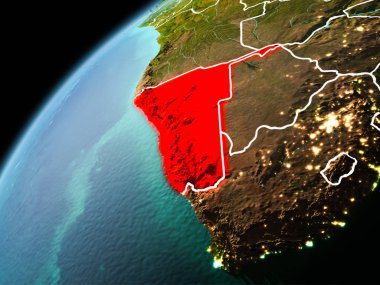 Dünya yörüngesi görünür kenarlık çizgisi ve şehir ışıkları ile akşam geç görülen Namibya Illustration. 3D çizim. Nasa tarafından döşenmiş bu görüntü unsurları.