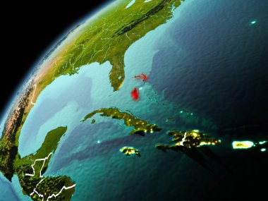 Dünya yörüngesi görünür kenarlık çizgisi ve şehir ışıkları ile geç akşam görülen Bahamalar Illustration. 3D çizim. Nasa tarafından döşenmiş bu görüntü unsurları.