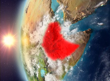 Gezegeni uzaydan günbatımı sırasında görülen Etiyopya. 3D çizim. Nasa tarafından döşenmiş bu görüntü unsurları.