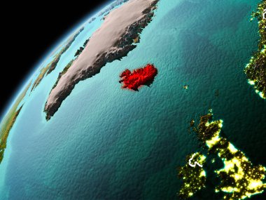 Dünya yörüngesi görünür kenarlık çizgisi ve şehir ışıkları ile akşam geç görülen İzlanda Illustration. 3D çizim. Nasa tarafından döşenmiş bu görüntü unsurları.