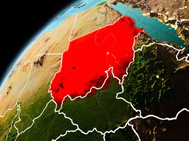 Dünya yörüngesi görünür kenarlık çizgisi ve şehir ışıkları ile akşam geç görüldüğü gibi Sudan Illustration. 3D çizim. Nasa tarafından döşenmiş bu görüntü unsurları.