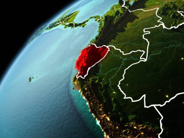 Dünya yörüngesi görünür kenarlık çizgisi ve şehir ışıkları ile akşam geç görüldüğü gibi Ekvator Illustration. 3D çizim. Nasa tarafından döşenmiş bu görüntü unsurları.