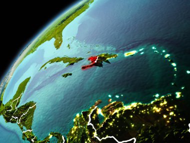 Dünya yörüngesi görünür kenarlık çizgisi ve şehir ışıkları ile akşam geç görüldüğü gibi Haiti Illustration. 3D çizim. Nasa tarafından döşenmiş bu görüntü unsurları.