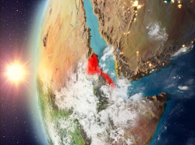 Gezegeni uzaydan günbatımı sırasında görülen Eritre. 3D çizim. Nasa tarafından döşenmiş bu görüntü unsurları.