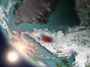 Dünya yörüngesi görünür ülke sınırları ile günbatımı sırasında görülen İzlanda Illustration. 3D çizim. Nasa tarafından döşenmiş bu görüntü unsurları.