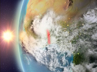 Gezegeni uzaydan günbatımı sırasında görülen Togo. 3D çizim. Nasa tarafından döşenmiş bu görüntü unsurları.