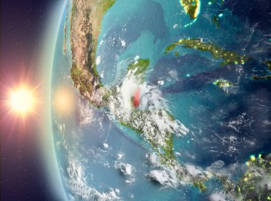 Gezegeni uzaydan günbatımı sırasında görülen Belize. 3D çizim. Nasa tarafından döşenmiş bu görüntü unsurları.