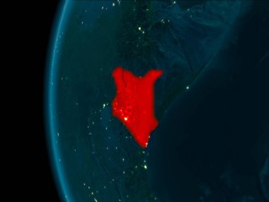 Son derece detaylı yüzey dokuları ile gece Dünya gezegeninin yörüngeden Kenya. 3D çizim. Nasa tarafından döşenmiş bu görüntü unsurları.
