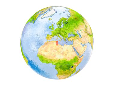 Tunus modeli dünya bir kırmızı vurgulanır. 3d illüstrasyon izole beyaz arka plan üzerinde. Nasa tarafından döşenmiş bu görüntü unsurları.