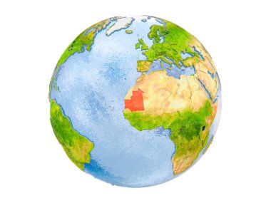 Moritanya modeli dünya bir kırmızı vurgulanır. 3d illüstrasyon izole beyaz arka plan üzerinde. Nasa tarafından döşenmiş bu görüntü unsurları.