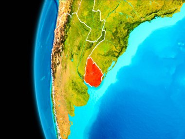 Dünya yörüngesinde gezegen dan görüldüğü gibi Uruguay dünya görünür kenarlıklar kırmızı vurgulanır. 3D çizim. Nasa tarafından döşenmiş bu görüntü unsurları.
