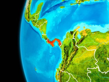 Dünya yörüngesinde gezegen dan görüldüğü gibi Panama dünya görünür kenarlıklar kırmızı vurgulanır. 3D çizim. Nasa tarafından döşenmiş bu görüntü unsurları.