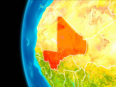 Dünya yörüngesinde gezegen dan görüldüğü gibi Mali dünya görünür kenarlıklar kırmızı vurgulanır. 3D çizim. Nasa tarafından döşenmiş bu görüntü unsurları.