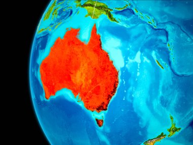 Dünya yörüngesinde gezegen dan görüldüğü gibi Avustralya dünya görünür kenarlıklar kırmızı vurgulanır. 3D çizim. Nasa tarafından döşenmiş bu görüntü unsurları.