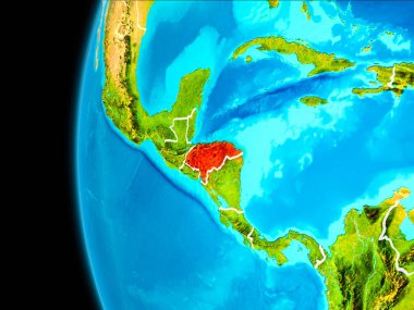 Dünya yörüngesinde gezegen dan görüldüğü gibi Honduras dünya görünür kenarlıklar kırmızı vurgulanır. 3D çizim. Nasa tarafından döşenmiş bu görüntü unsurları.