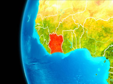 Fildişi Sahili üzerinden Dünya yörüngesine gezegende görüldüğü gibi dünya görünür kenarlıklar kırmızı vurgulanır. 3D çizim. Nasa tarafından döşenmiş bu görüntü unsurları.