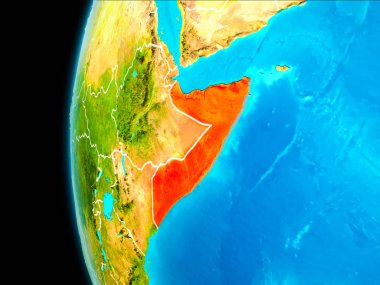 Dünya yörüngesinde gezegen dan görüldüğü gibi Somali dünya görünür kenarlıklar kırmızı vurgulanır. 3D çizim. Nasa tarafından döşenmiş bu görüntü unsurları.