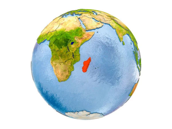 Мадагаскар Выделен Красным Цветом Модели Земли Иллюстрация Выделена Белом Фоне — стоковое фото