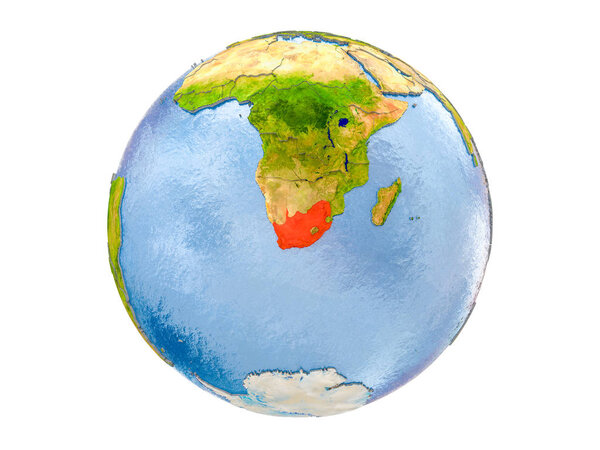 South Africa highlighted in red on model of Earth. 3D illustration isolated on white background. Elements of this image furnished by NASA.
