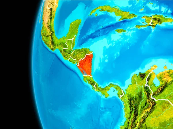 Dünya yörüngesinde gezegen dan görüldüğü gibi Nikaragua dünya görünür kenarlıklar kırmızı vurgulanır. 3D çizim. Nasa tarafından döşenmiş bu görüntü unsurları.