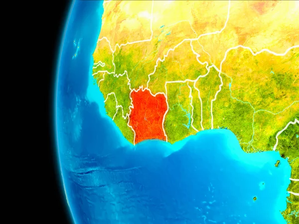 Fildişi Sahili üzerinden Dünya yörüngesine gezegende görüldüğü gibi dünya görünür kenarlıklar kırmızı vurgulanır. 3D çizim. Nasa tarafından döşenmiş bu görüntü unsurları.
