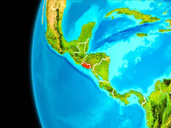 El Salvador Dünya yörüngesine gezegende dan görüldüğü gibi dünya görünür kenarlıklar kırmızı vurgulanır. 3D çizim. Nasa tarafından döşenmiş bu görüntü unsurları.