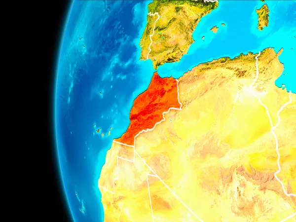 Dünya yörüngesinde gezegen dan görüldüğü gibi Fas dünya görünür kenarlıklar kırmızı vurgulanır. 3D çizim. Nasa tarafından döşenmiş bu görüntü unsurları.