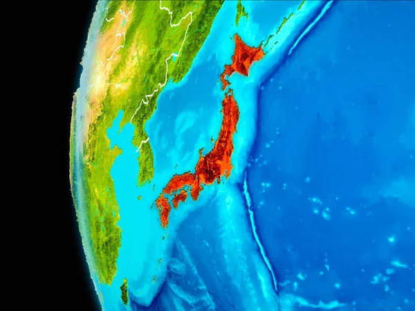 Japonsko Oběžné Dráhy Země Planetě Zemi Zvýrazněny Červeně Viditelná Ohraničení — Stock fotografie