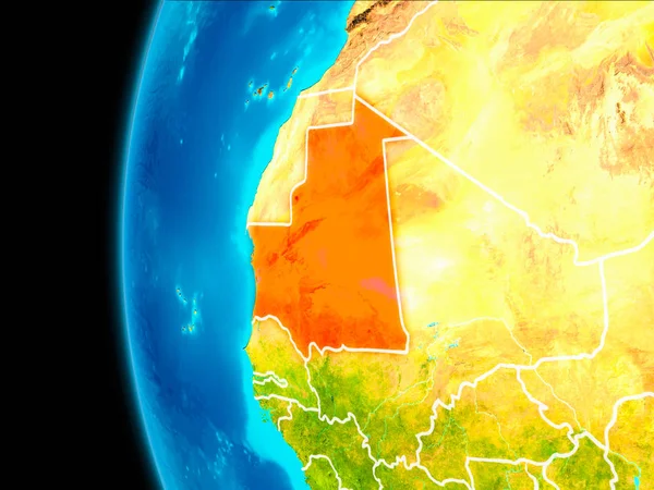 Dünya yörüngesinde gezegen dan görüldüğü gibi Moritanya dünya görünür kenarlıklar kırmızı vurgulanır. 3D çizim. Nasa tarafından döşenmiş bu görüntü unsurları.