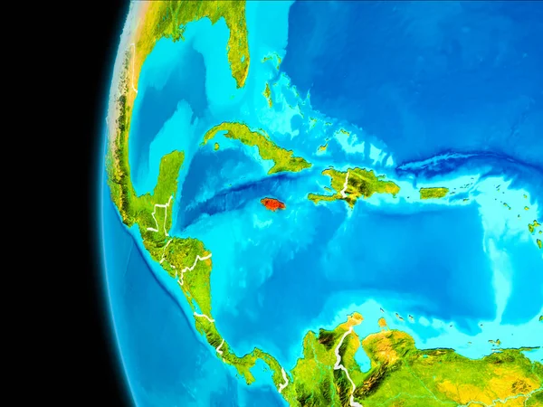 Jamaïque Vue Depuis Orbite Terrestre Sur Planète Terre Surlignée Rouge — Photo
