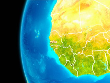Dünya yörüngesinde gezegen dan görüldüğü gibi Gambiya dünya görünür kenarlıklar kırmızı vurgulanır. 3D çizim. Nasa tarafından döşenmiş bu görüntü unsurları.