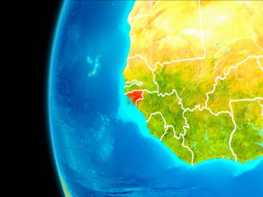 Dünya yörüngesinde gezegen dan görüldüğü gibi Gine Bissau dünya görünür kenarlıklar kırmızı vurgulanır. 3D çizim. Nasa tarafından döşenmiş bu görüntü unsurları.