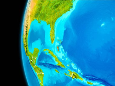 Dünya yörüngesinde gezegen dan görüldüğü gibi Bahamalar dünya görünür kenarlıklar kırmızı vurgulanır. 3D çizim. Nasa tarafından döşenmiş bu görüntü unsurları.