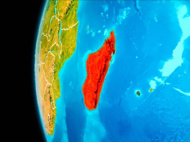 Dünya yörüngesinde gezegen dan görüldüğü gibi Madagaskar dünya görünür kenarlıklar kırmızı vurgulanır. 3D çizim. Nasa tarafından döşenmiş bu görüntü unsurları.