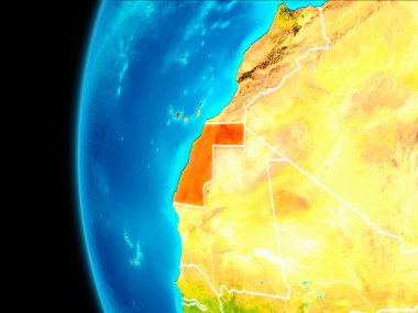 Batı Dünya yörüngesine gezegende dan görüldüğü gibi Sahra dünya görünür kenarlıklar kırmızı vurgulanır. 3D çizim. Nasa tarafından döşenmiş bu görüntü unsurları.