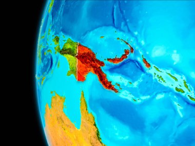 Papua Yeni Gine gezegenin Earth yörüngeden görüldüğü gibi dünya görünür kenarlıklar kırmızı vurgulanır. 3D çizim. Nasa tarafından döşenmiş bu görüntü unsurları.