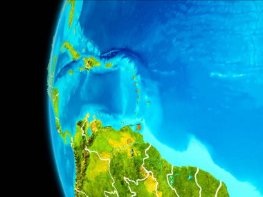 Planet Earth Earth yörüngeden görüldüğü gibi Caribbean kırmızı görünür kenarlıklar ile vurgulanır. 3D çizim. Nasa tarafından döşenmiş bu görüntü unsurları.