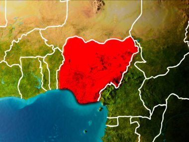 Nijerya sabahları Planet Earth görünür kenarlık çizgileri ve şehir ışıkları kırmızı vurgulanır. 3D çizim. Nasa tarafından döşenmiş bu görüntü unsurları.