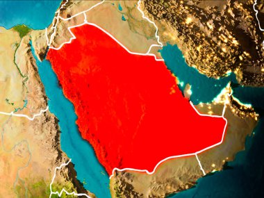 Suudi Arabistan sabahları Planet Earth görünür kenarlık çizgileri ve şehir ışıkları kırmızı vurgulanır. 3D çizim. Nasa tarafından döşenmiş bu görüntü unsurları.