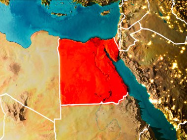 Mısır sabahları Planet Earth görünür kenarlık çizgileri ve şehir ışıkları kırmızı vurgulanır. 3D çizim. Nasa tarafından döşenmiş bu görüntü unsurları.