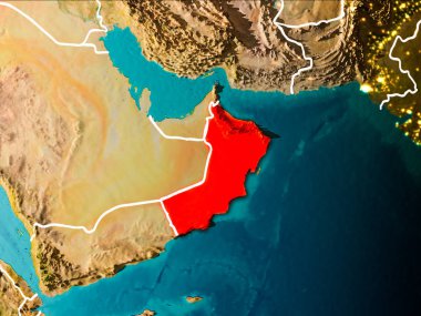Umman sabahları Planet Earth görünür kenarlık çizgileri ve şehir ışıkları kırmızı vurgulanır. 3D çizim. Nasa tarafından döşenmiş bu görüntü unsurları.