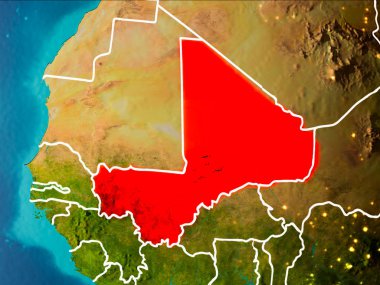 Mali sabahları Planet Earth görünür kenarlık çizgileri ve şehir ışıkları kırmızı vurgulanır. 3D çizim. Nasa tarafından döşenmiş bu görüntü unsurları.